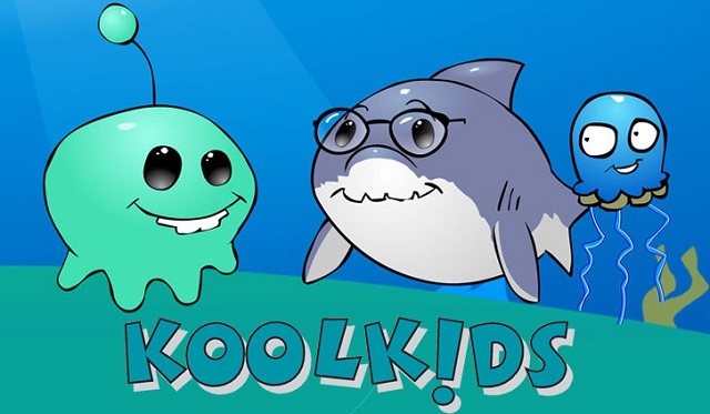 KooLKIDS banner with teal cartoon octopus, cartoon shark with glasses, and smaller blue octopus.