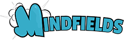 Mindfields logo with balloon style M and cloud behind. 'MIndfields' in blue fill..