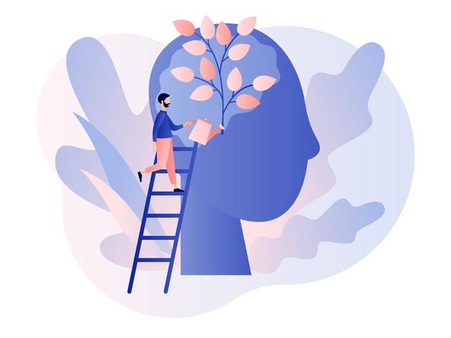 A cartoon images person climbing a ladder to water a tree growing in brain