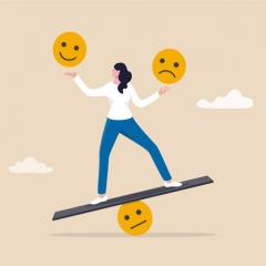 Cartoon of a person balancing on a seesaw juggling different emotions.