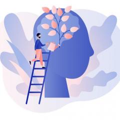A cartoon images person climbing a ladder to water a tree growing in brain